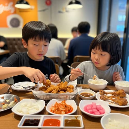 Casual Dining Scene with East Asian Boy and Girl Eating at Chicken Restaurant