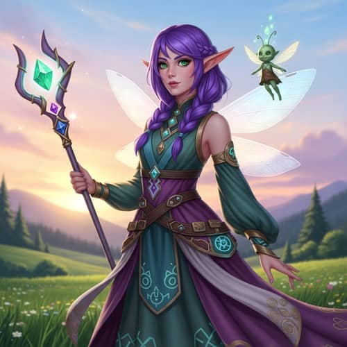 Fantasy Elf Character With Purple Hair | Enchanting Meadow Scene
