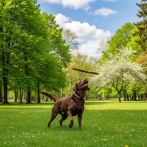 Playful Labrador Retriever Fetching Stick in Lush Green Park