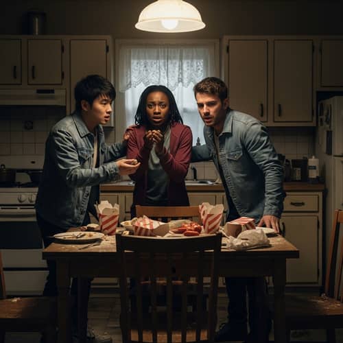 Intense Conversation in Neglected Kitchen - Diverse Group
