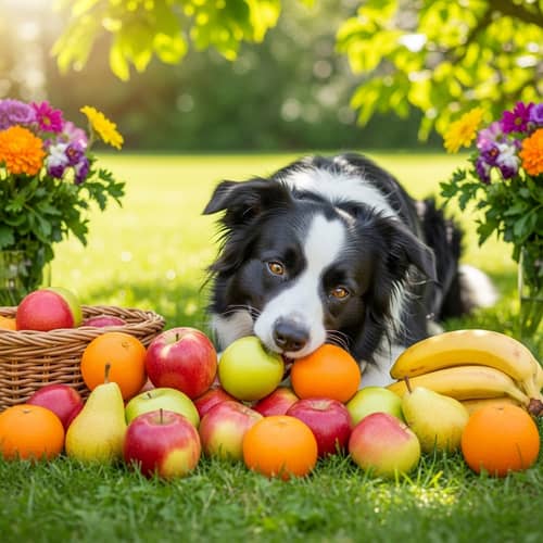 Joyful Border Collie Eating Fruits in a Sunny Garden