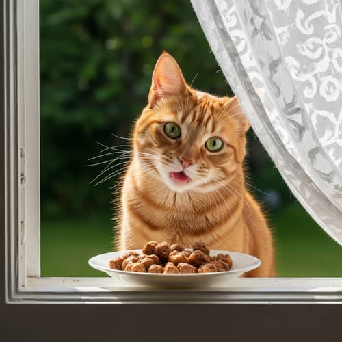 Cute Auburn-Colored Cat Enjoying Meal by Garden View
