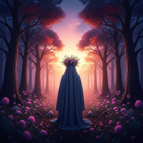 Enchanting Magical Forest Scene at Dusk with Mysterious Figure