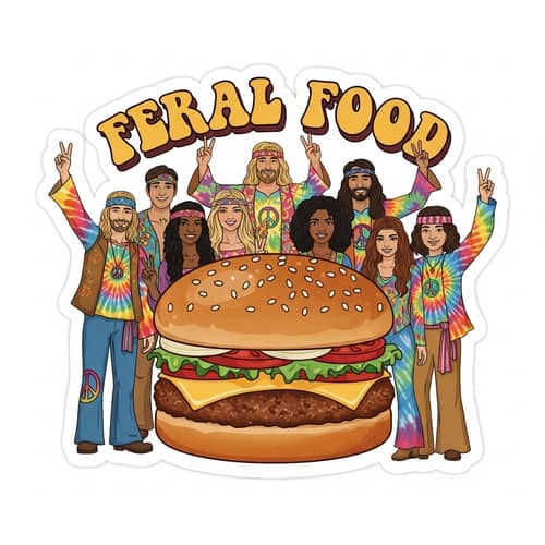 Feral Food Sticker: Juicy Hamburger with Groovy Hippie People
