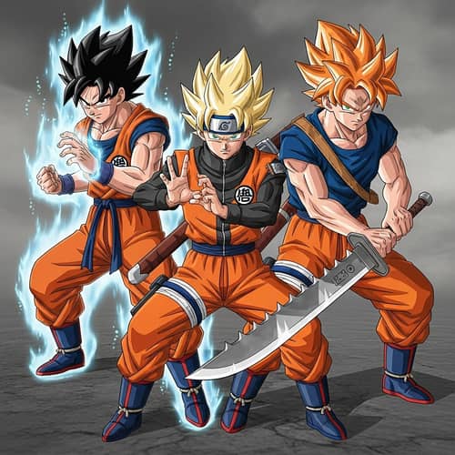 Anime-Style Male Characters: Heroic Pose, Energy Aura, Unique Attire