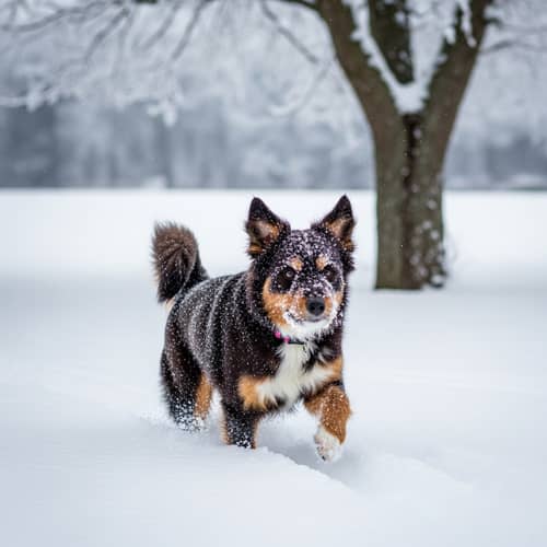 Adorable Dog Prancing in Fresh Snow | Winter Scene Image