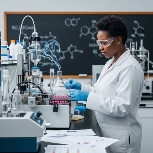 Professional Black Female Scientist Crafting Colorful Pills in High-Tech Laboratory