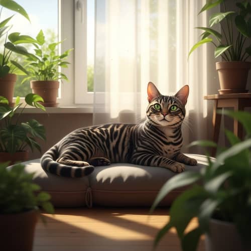 Lovely Housecat Relaxing in Comfort | Black & Brown Tabby Cat