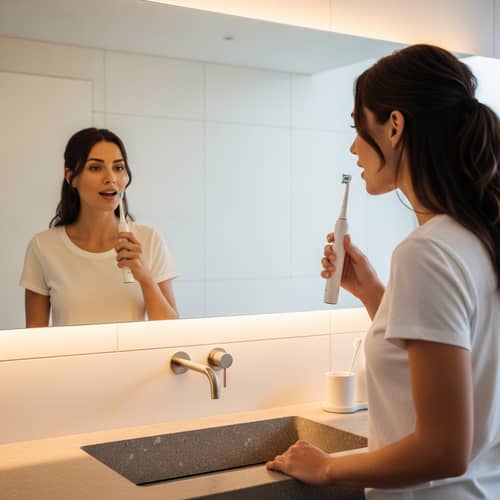 Caucasian Woman Using Philips Electric Toothbrush in Bathroom