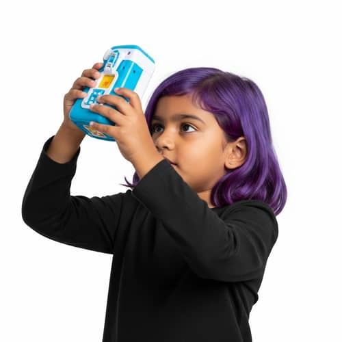Vibrant South Asian Girl Playing with Blue and White Toy