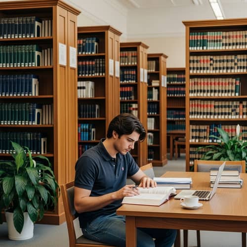 Law Student Studying in Library Surrounded by Books