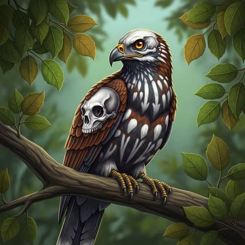 Majestic Bird with Skull-Like Markings Perched on Tree Branch