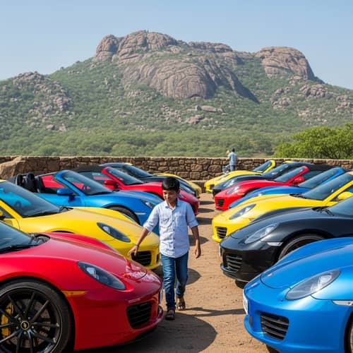 Young South Asian Male Exploring Sports Cars in Mount Abu, Rajasthan