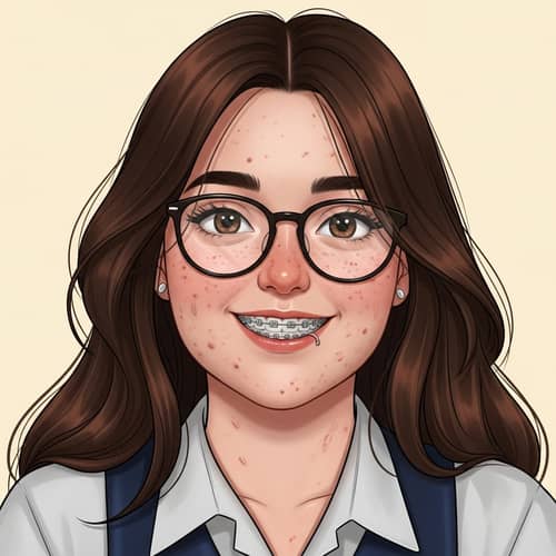 Detailed Illustration of Chubby Gir with Glasses, Braces & Brown Hair