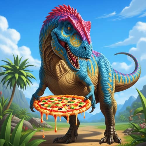 Prehistoric Dinosaur Enjoying Delicious Pizza | Unique Juxtaposition