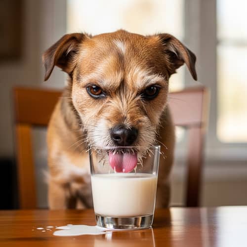 Angry Dog Drinking Milk from Glass