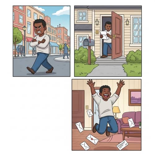 Comic: Man's Emotional Journey - Walking, Opening Mail, Jumping for Joy