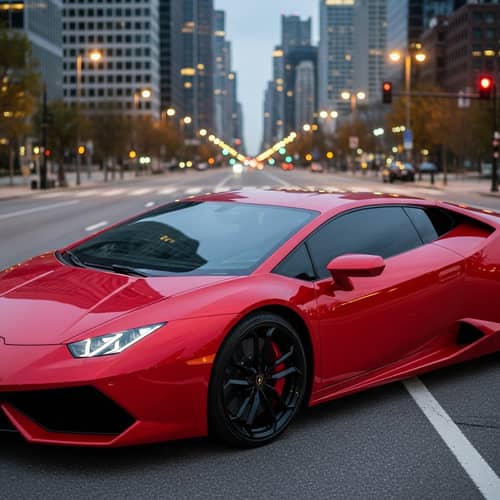 Luxury Red Lamborghini Sports Car | Urban Street Skyscraper Scene