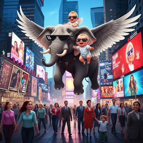 Flying Elephant Carrying Baby with Sunglasses in Times Square