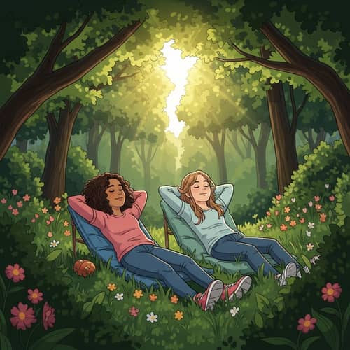 Tranquil Spring Scene: Two Young Girls Relaxing in Verdant Forest