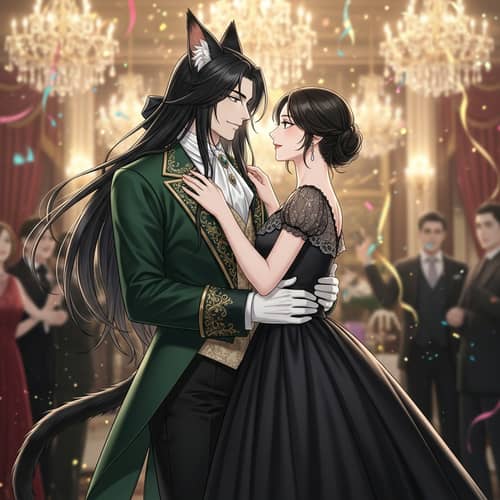 Elegant Male Character with Catlike Ears and Long Hair - Romantically Poses with Woman in Black Dress at Party