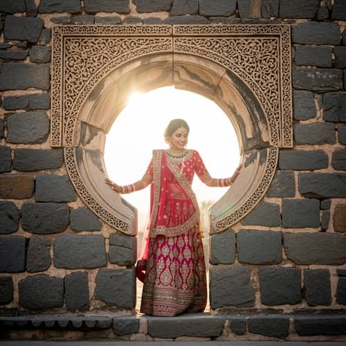 South-Asian Bride Emerging Through Ancient Stone Wall