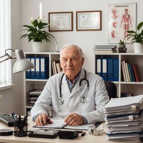 Experienced Elderly Male Doctor Desk Scene