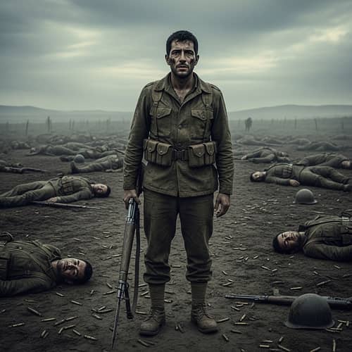Grim Battlefield: Lifeless Bodies and Weary Hispanic Man