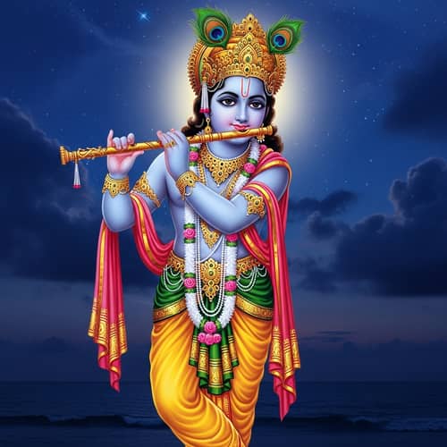 Lord Krishna - Divine Melody in Serene Night Sky