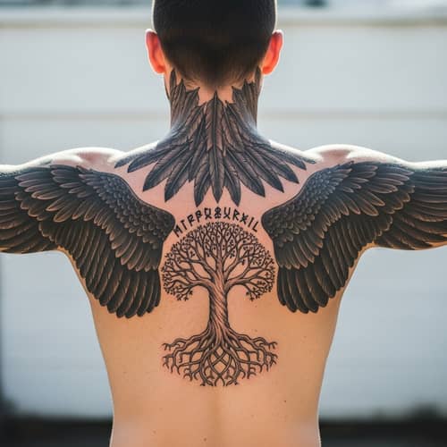 Man Tattooed with Raven Feathers and Yggdrasil in Norse Mythology