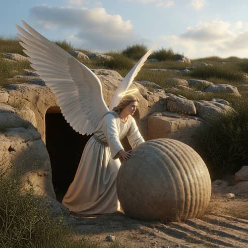 Historical Depiction of Ancient Israel with Serene Angel Turning Stone