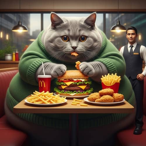 Fat British Kitten Eating in Fast Food Restaurant