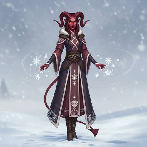 Tiefling Woman Sorcerer Embracing Winter Magic