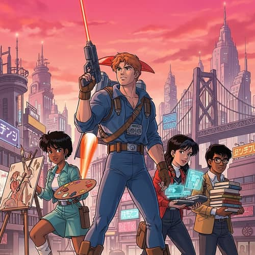 Classic 80s Anime Scene: Adventurers Preparing for Journey in Futuristic City