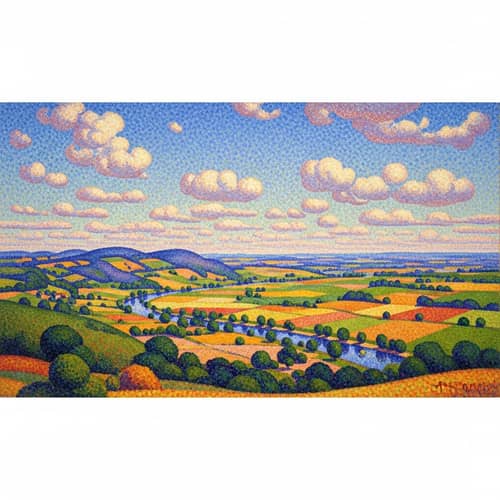 Bright Pointillism Landscape Painting: Scenic Beauty in Dots