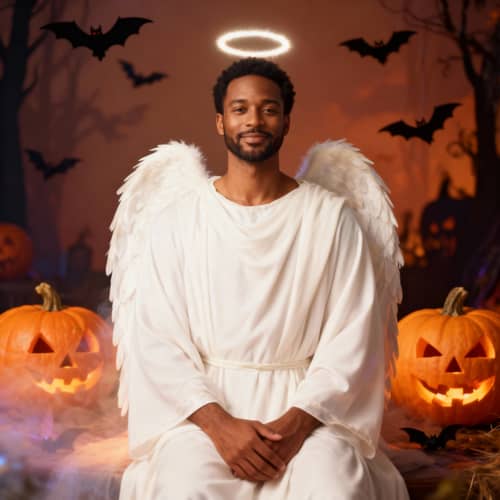 Ethereal Halloween Angel in White Robe & Wings Ethereal Halloween Angel in White Robe & Wings