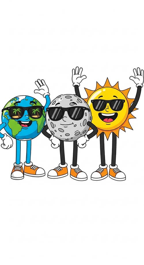 Celestial Cartoon Illustration: Earth, Moon, Sun Characters
