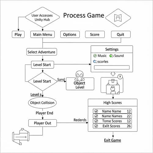 Game Development Process Flow Diagram | Unity Hub, Main Menu, Adventures