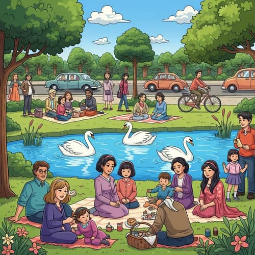 Colorful and Vibrant Park Scene | Diverse Families Enjoying a Picnic