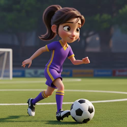 Young Caucasian Girl Playing Soccer in Purple & Gold Uniform