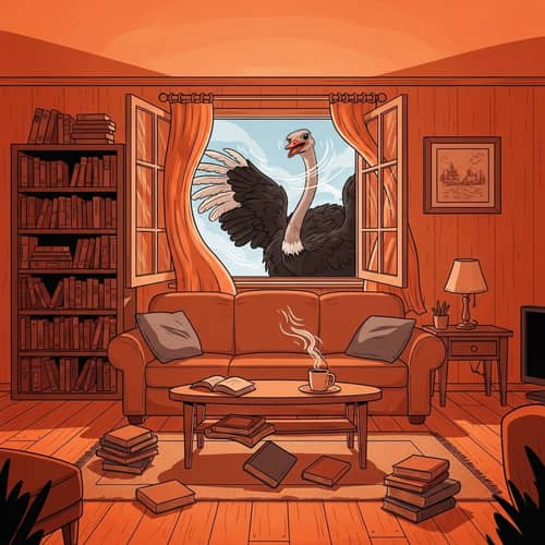 Chaos in Cozy Living Room: Unexpected Ostrich Encounter