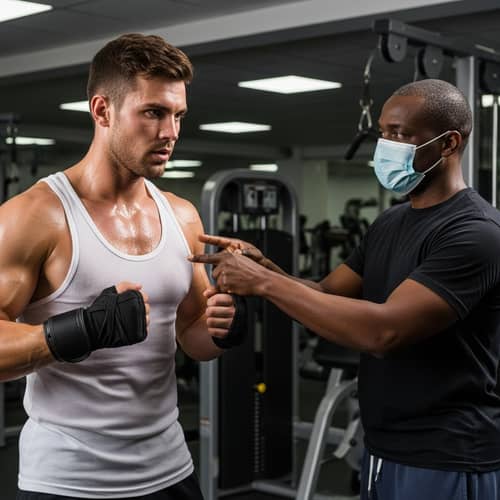 Fit Young Man Working Out at Gym and Getting Trainer Instructions