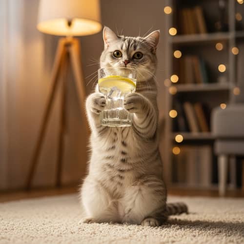 Cute Domesticated Feline Holding Glass of Water