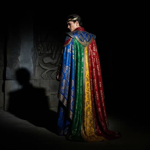 Movie Protagonist Seeking Revenge in Vivid Outfit on Dark Background
