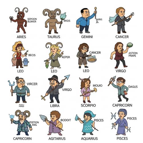Zodiac Signs Meme Characters: Aries, Taurus, Gemini, Cancer, Leo, Virgo, Libra, Scorpio, Sagittarius, Capricorn, Aquarius, Pisces