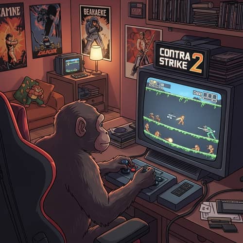 Monkey Playing Contra Strike 2: Retro Gaming Scene