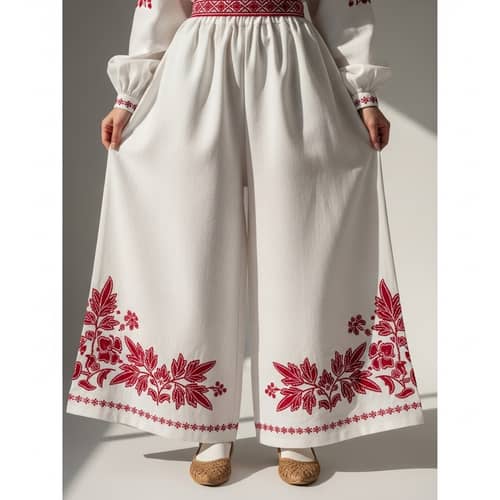 Traditional Russian Sharovary: White Linen Wide-Leg Trousers