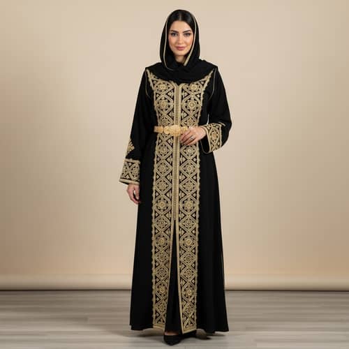 Traditional Moroccan Abaya with Elaborate Gold Embroidery