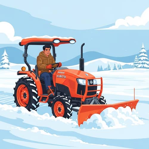 Cheerful Man Operating Kubota Snowplow Tractor Cartoon