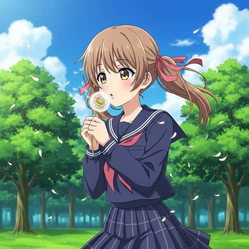 Anime-style Girl Blowing Dandelion | Lush Green Park Scene